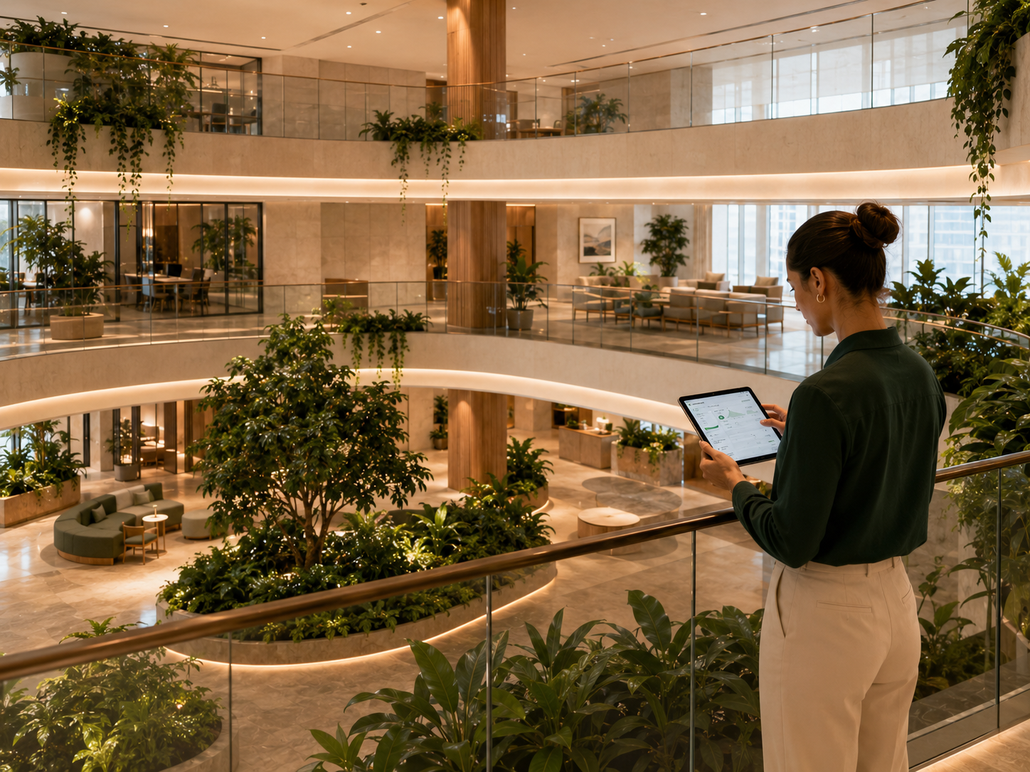 Técnico de plantas de interiores revisando uma instalação em átrio mantida em um local de cliente.