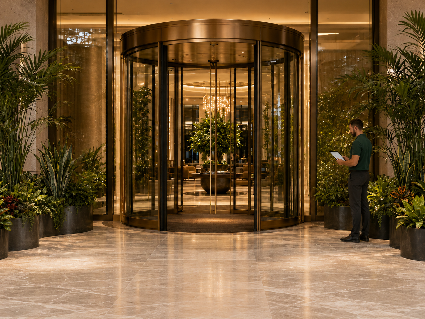 Técnico de serviço vegetal verificando palmeiras em uma entrada de cliente durante uma rota.