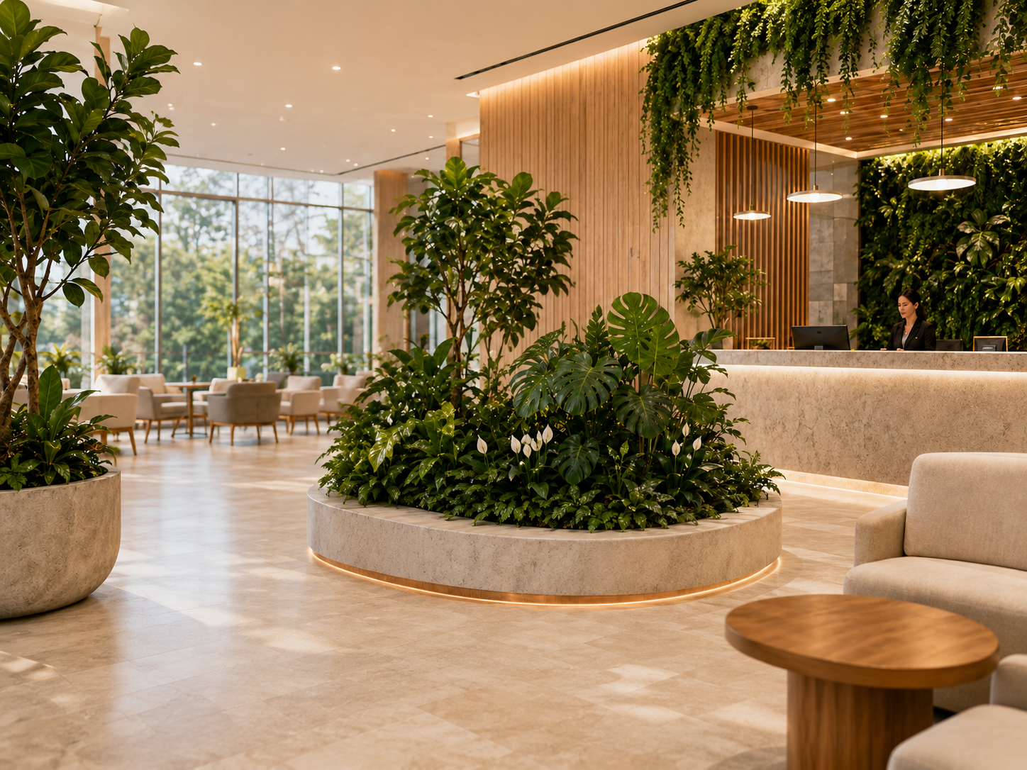 Lobby claro com parede verde e instalação plantada preparada para cuidado vegetal gerenciado.
